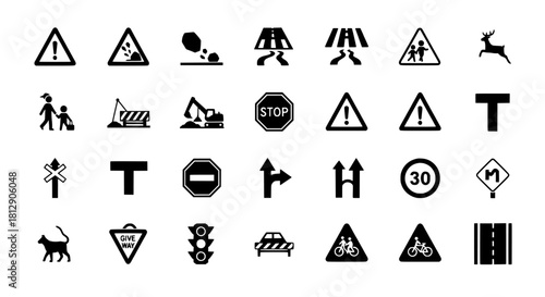 Traffic and Road Signs Comprehensive Icon Set for Road Safety