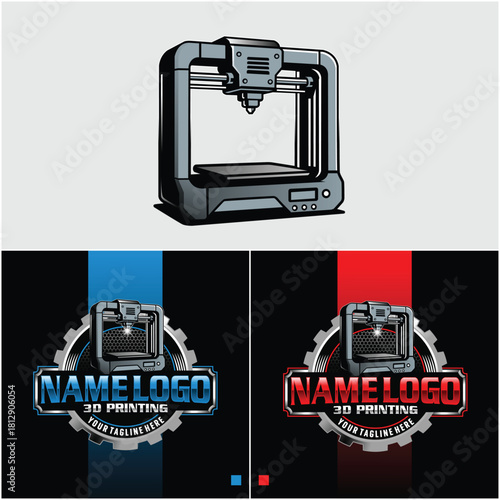 3D printing machine logo. logo design of technology 3D printer. Modern logo 3D printing technology