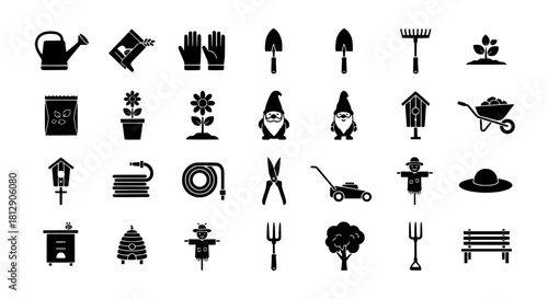 Silhouette gardening icons set for farm and agriculture tools