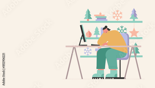 Exhausted person working at a home desk decorated for the winter holidays Remote work stress