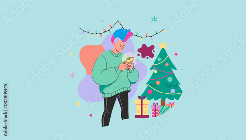 Young person texting on a phone next to a decorated Christmas tree and gifts Holiday communication