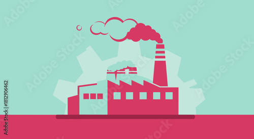 Stylized pink factory illustration with smoke representing industry manufacturing production and pollution