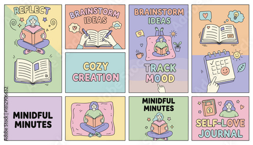 Pastel comic strip illustration of selfcare journaling reflection and mood tracking concepts