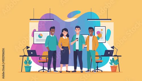 Diverse business team standing together in a modern collaborative office space