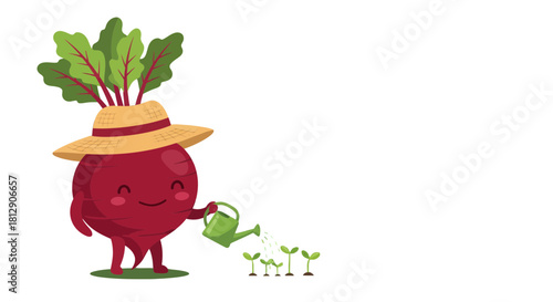 A Beetroot Character Watering Small Plants in a Garden, Happy Illustration