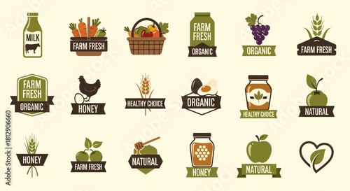 Organic, Farm Fresh, and Natural Product Food Labels Sticker Set