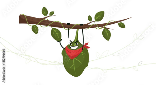 A Bandit Leaf Swinging From a Tree Branch in a Playful Cartoon Illustration