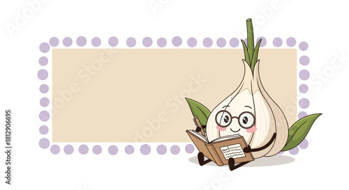 A Bookish Garlic Character Reading With Glasses Next To a Decorative Framed Space