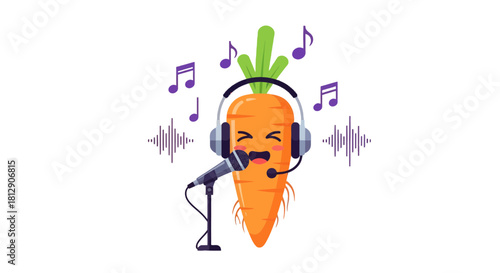 A Cartoon Carrot Singing Delightfully Into a Microphone with Musical Notes Floating Around