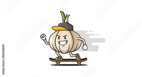 A Cheerful Garlic Bulb Mascot Character Skating with Style and Determination