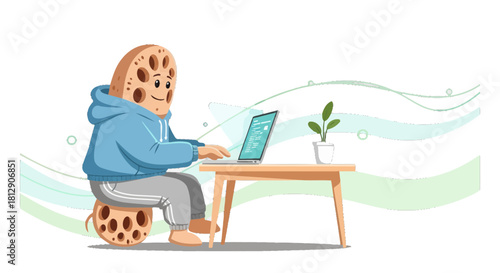A Cartoon Figure Coding on a Laptop Computer at a Wooden Desk While Working