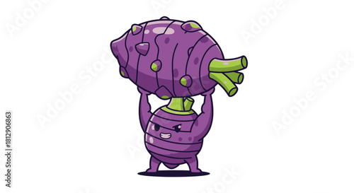 A Cartoon Purple Character Holding and Lifting a Giant Vegetable Against Black Background