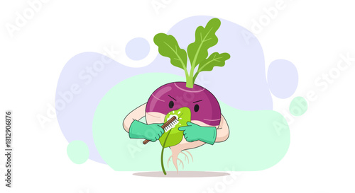 A Cartoon Turnip Cleaning a Leaf With a Brush for Fresh and Healthy Illustration