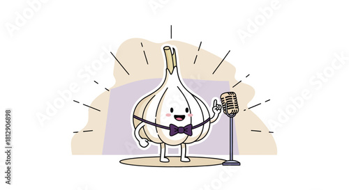 A Cheerful Garlic Bulb Singing Into a Vintage Microphone On a Stage Setting