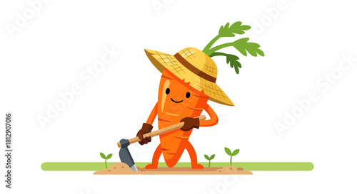 A Cheerful Animated Carrot Farmer Working Hard in the Garden With Hoe
