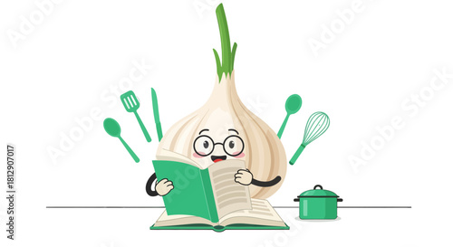 A Cheerful Garlic Reading a Cookbook with Culinary Tools and Green Accessories