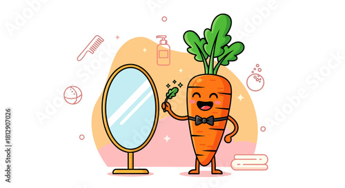 A Cheerful Animated Carrot Grooming Itself In Front Of A Large Mirror