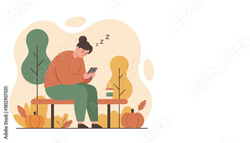 Sleepy woman sitting outside with coffee scrolling on smartphone during autumn
