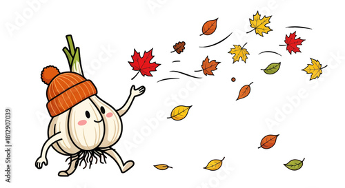 A Cheerful Garlic Wearing a Hat Plays With Autumn Leaves Against a Black Backdrop