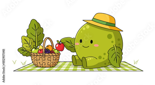 A Cheerful Green Creature Enjoying a Picnic with a Basket of Fresh Fruits on a Checkered Cloth