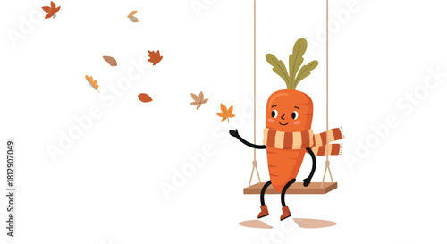 A Cheerful Animated Carrot Swinging In The Autumn Season With Leaves Falling Down