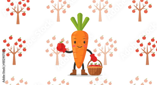 A Cheerful Animated Carrot Harvesting Apples From Decorative Cartoon Apple Trees