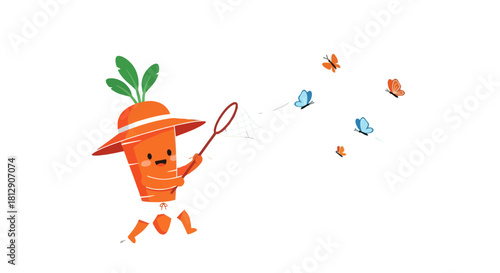 A Cheerful Animated Carrot Trying To Catch Butterflies With A Net Across A Black Background