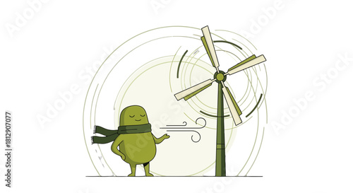 A Cheerful Green Figure Shows Winds Powering A Wind Turbine For Renewal Energy