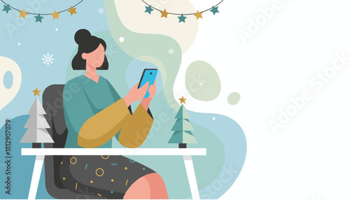Woman uses phone at desk surrounded by festive winter decorations