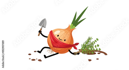 A Cheerful Animated Onion With Gardening Tools And Fresh Herbs Illustration