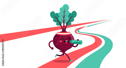 A Cheerful Beetroot Athlete Drinking Water While Running On a Colorful Track