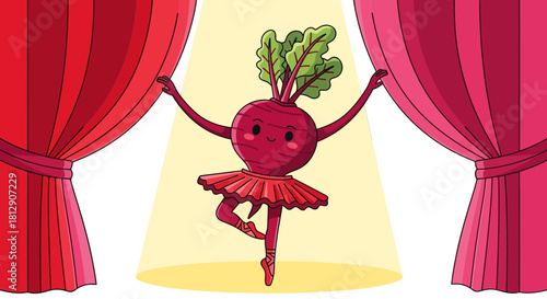 A Cheerful Beetroot Ballerina Posing Gracefully On Dramatic Stage With Curtains