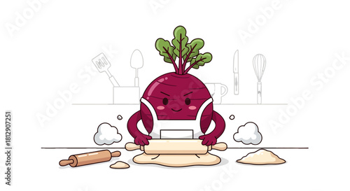 A Cheerful Beetroot Character Baking in the Kitchen, a Whimsical Illustration