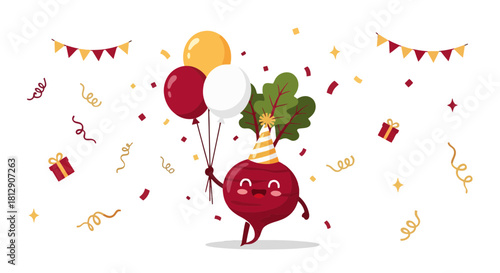 A Cheerful Beetroot Celebrating With Balloons And Confetti Against a Dark Background