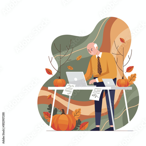 Overworked senior man typing on laptop frustrated by autumn deadlines and excessive workload