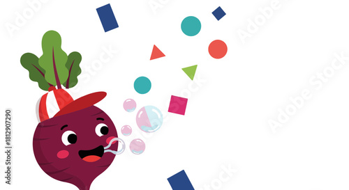 A Cheerful Beetroot Character Blowing Geometric Bubbles Against a Black Backdrop Illustration