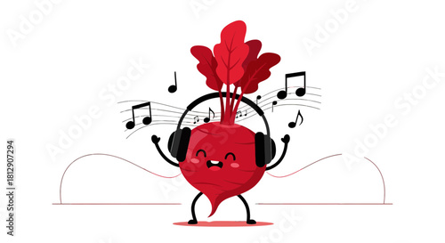A Cheerful Beetroot Character Dancing While Listening Music, Creative Artistic Illustration