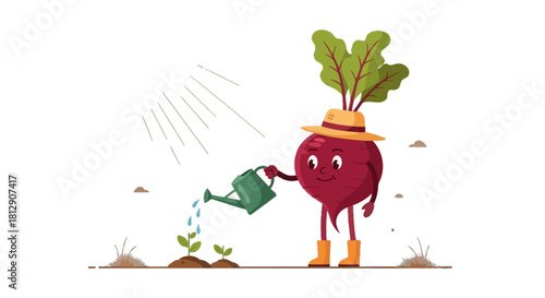 A Cheerful Beetroot Character Watering Seedlings Under a Sunny Day Illustration
