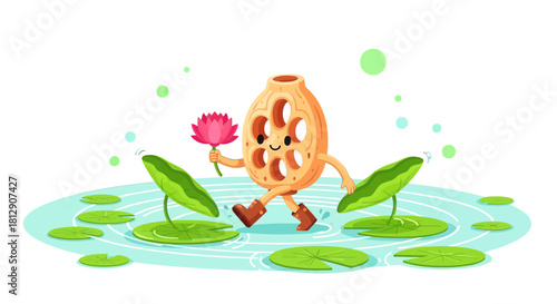 A Cheerful Lotus Root Character Strolls Through a Pond with a Flower