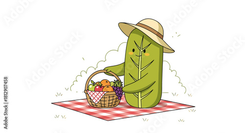 A Cheerful Leaf Person With Picnic Basket On A Chequered Blanket Enjoying Mealtime