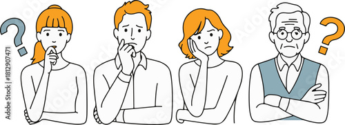 Diverse group of people questioning and confused with thought bubbles