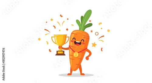 A Cheerful Mascot Carrot Celebrating a Victory with a Golden Trophy on Black Background