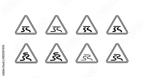 Collection of Slippery Road Warning Sign Icons in Black and White