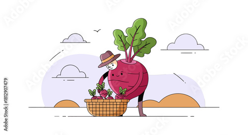 A Cheerful Beetroot Farmer Harvesting Radishes In A Delightful And Artistic Illustration