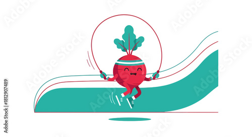 A Cheerful Beetroot Jumps Rope For Exercise With Vibrant Colors And A Playful Design