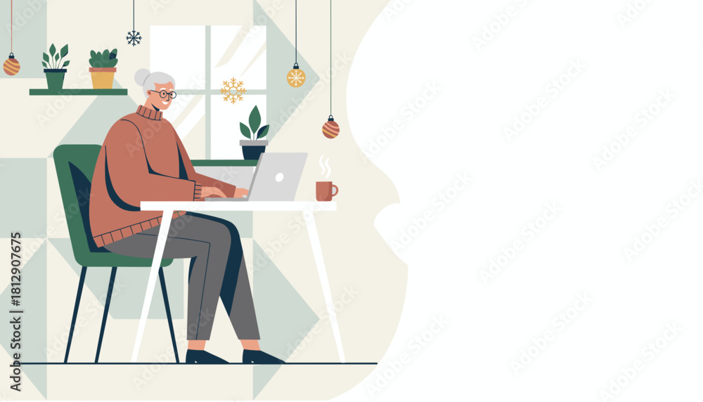 Fototapeta premium Elderly woman working on a laptop at a cozy winter home office desk Copy space provided