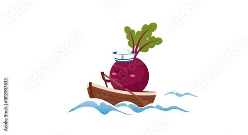 A Cheerful Beetroot Sailor in a Boat Sailing the Blue Waters on a Dark Background