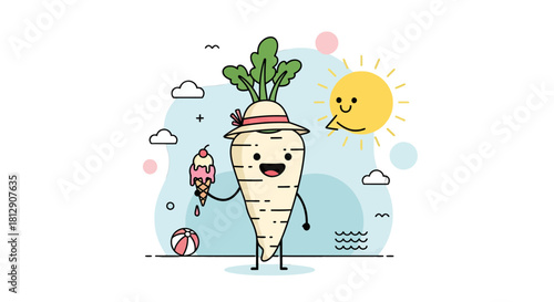 A Cheerful Parsnip Enjoys Summer Vacation With Ice Cream And Sunshine Delightfully