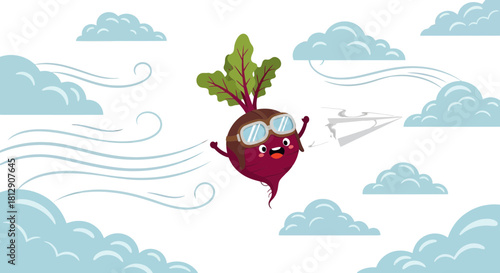 A Cheerful Beetroot Pilot Soaring Through The Sky With Its Paper Airplane
