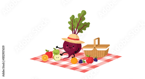 A Cheerful Picnic Scene Featuring a Cartoon Beet With Fruit and a Basket